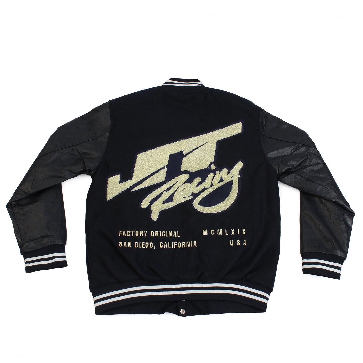 JT Racing navy varsity jacket back view