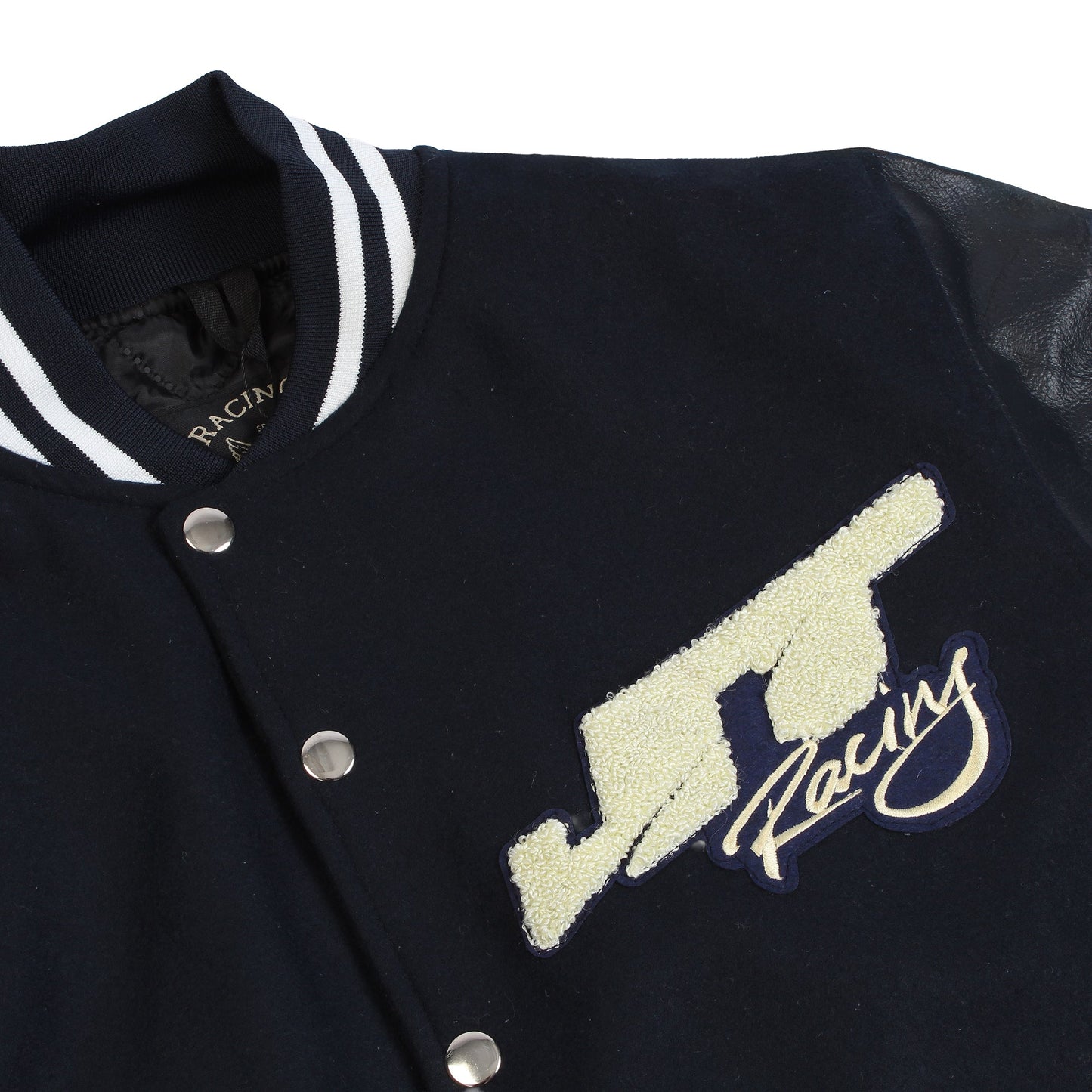 JT Racing navy varsity jacket chest logo detail