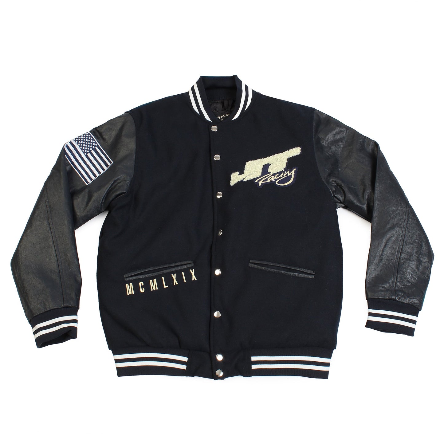 JT Racing navy varsity jacket front view