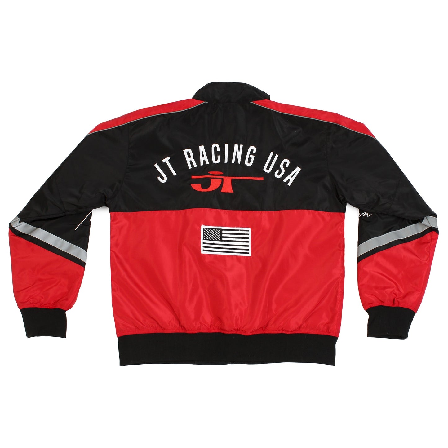 JT Racing Garage victory black and red bomber jacket back view flat