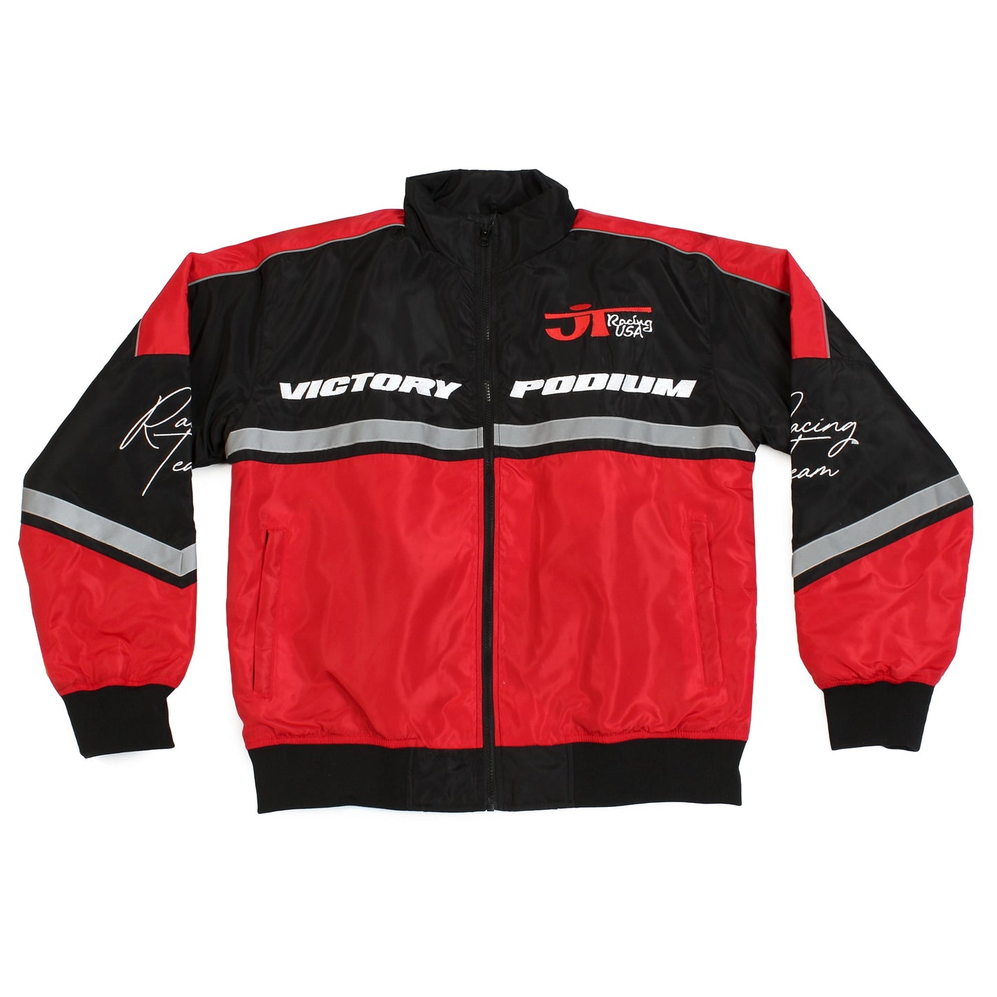 JT Racing Garage victory black and red bomber jacket front view flat